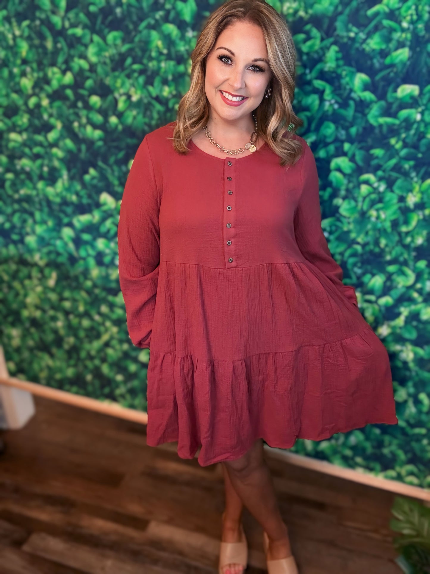 Rust Gauze Button Front Tiered Dress