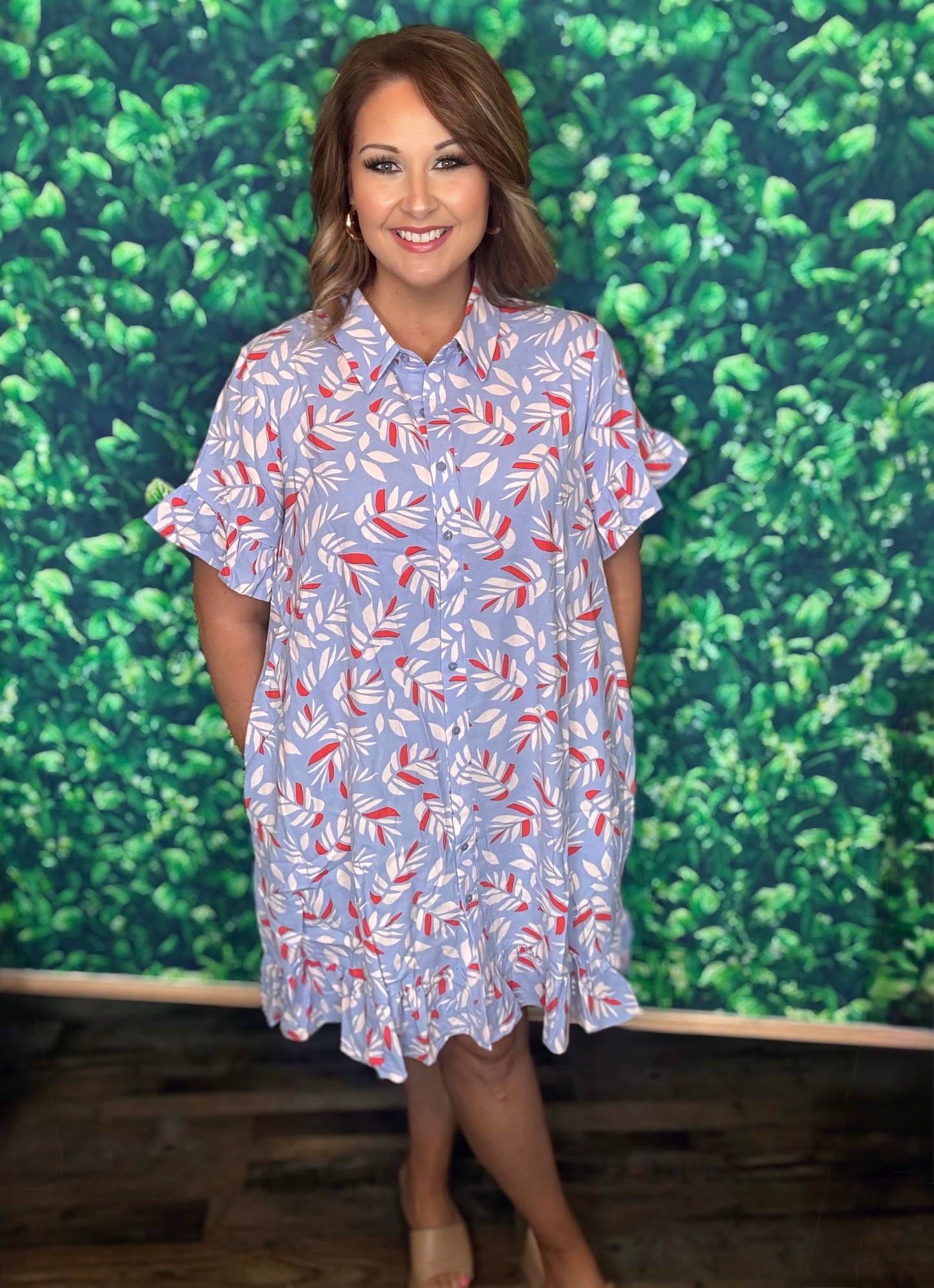 PRINTED RAYON LINEN BUTTON DRESS