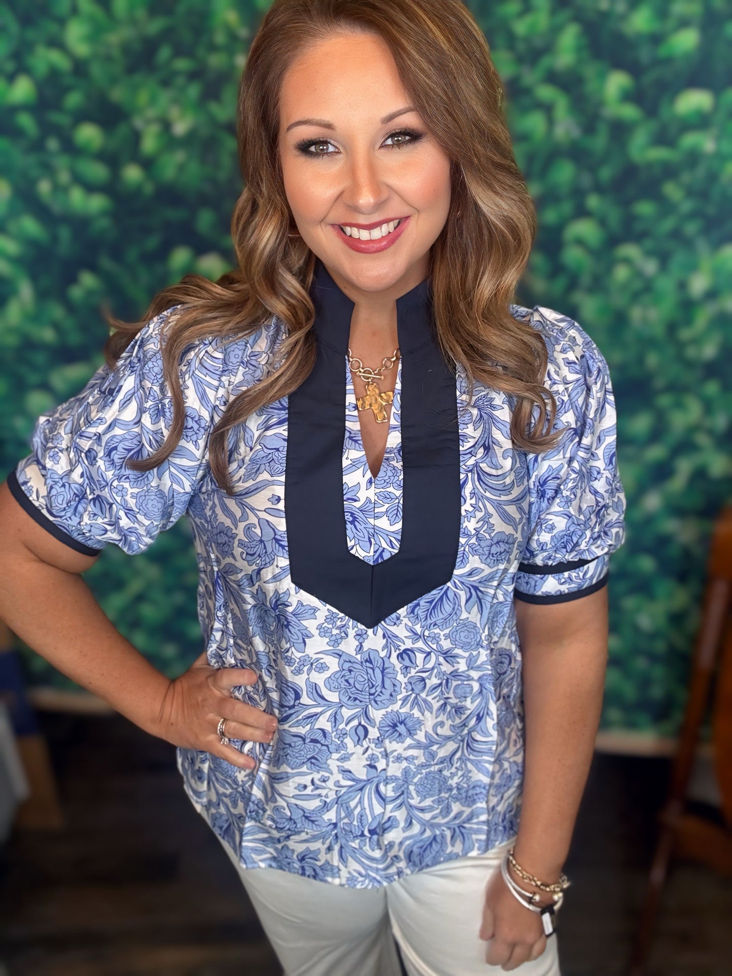 Blue Floral V-Neck Pullover Top