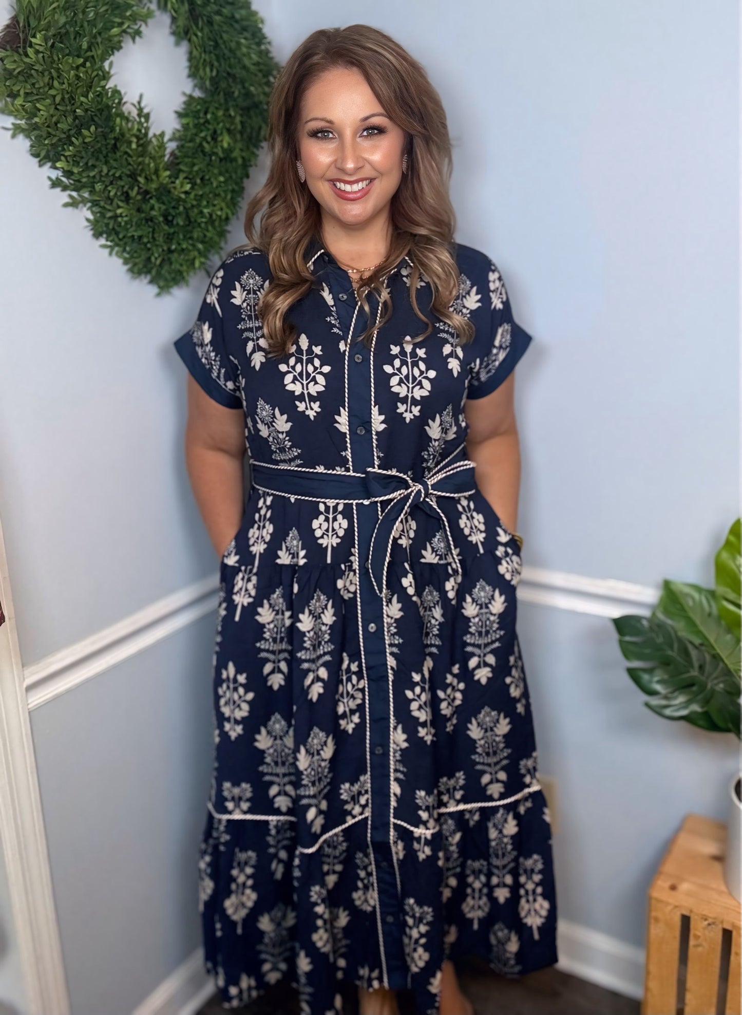Botanical Dress in Navy