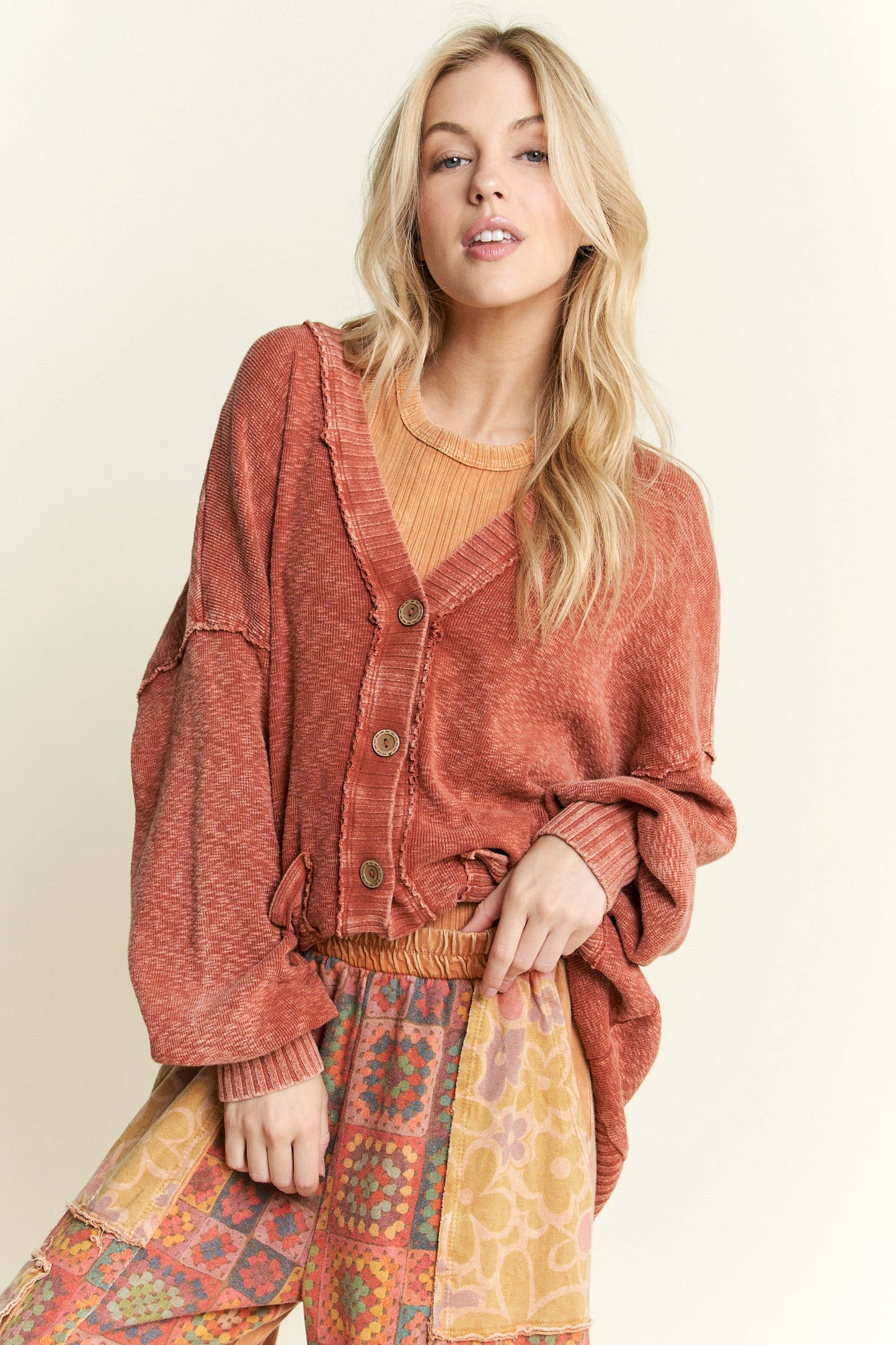 MineralWash Melangie sweater pocket cardigan Burnt Orange