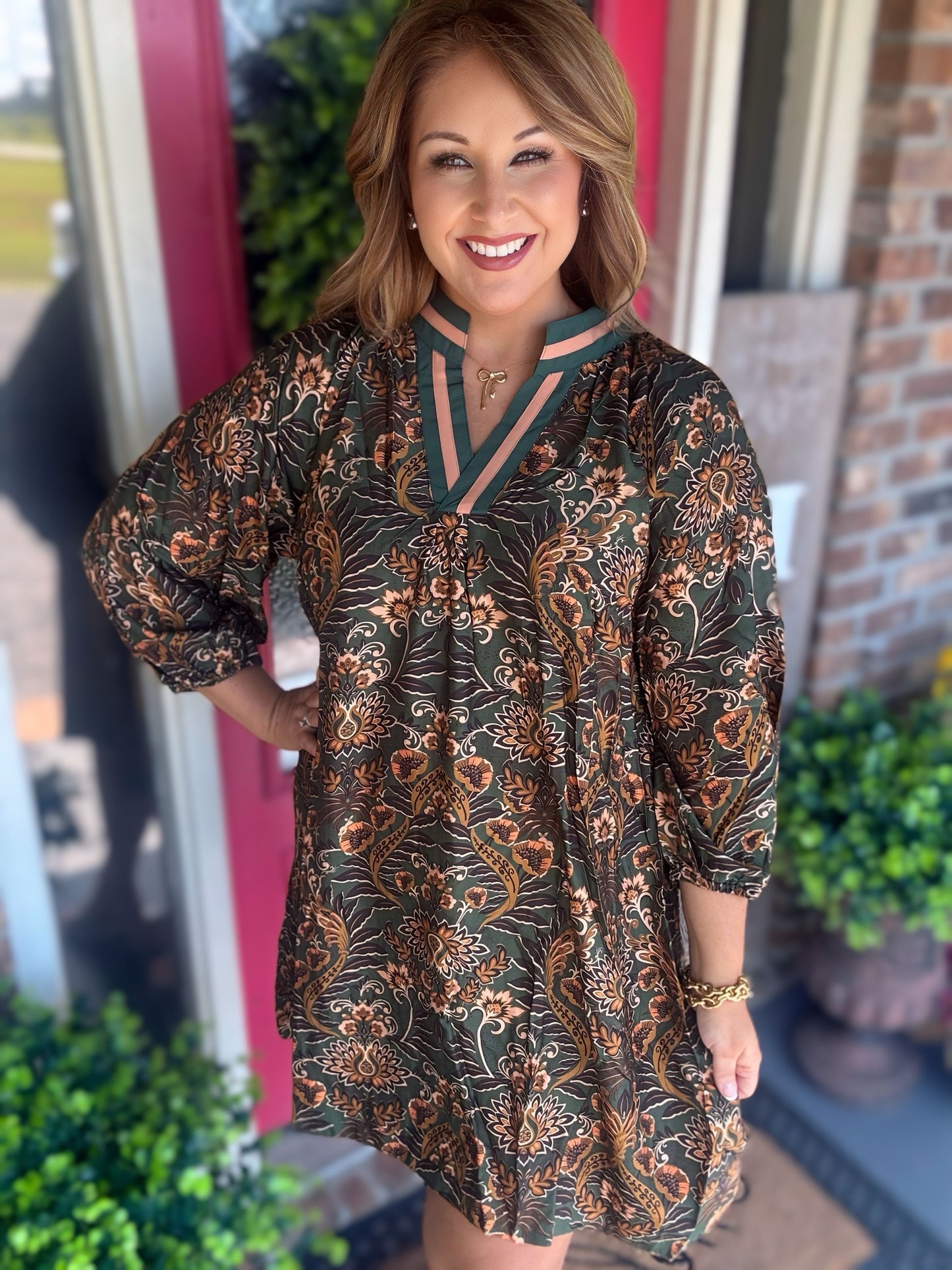 Floral Damask Print Collared Dress