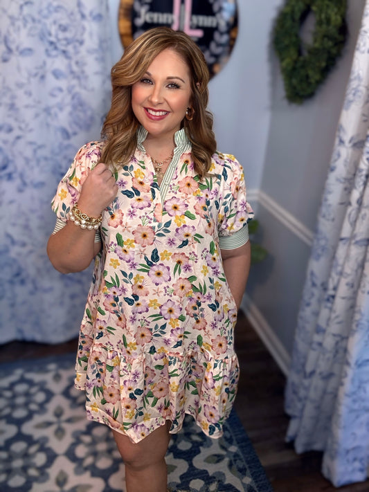 Umgee Plus Floral Ruffle Collar Babydoll Dress