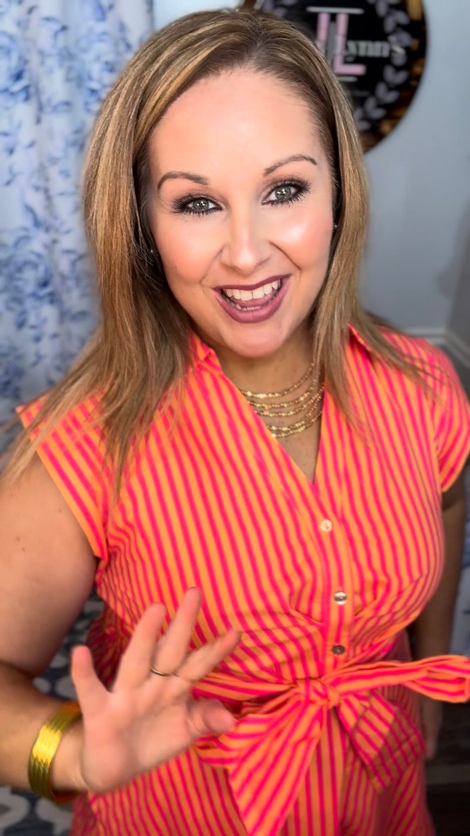 Pink Entro Striped Midi Dress Bow Detail