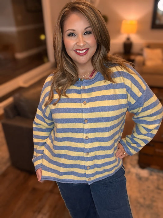 Blue & Butter Striped Oversized Cardigan