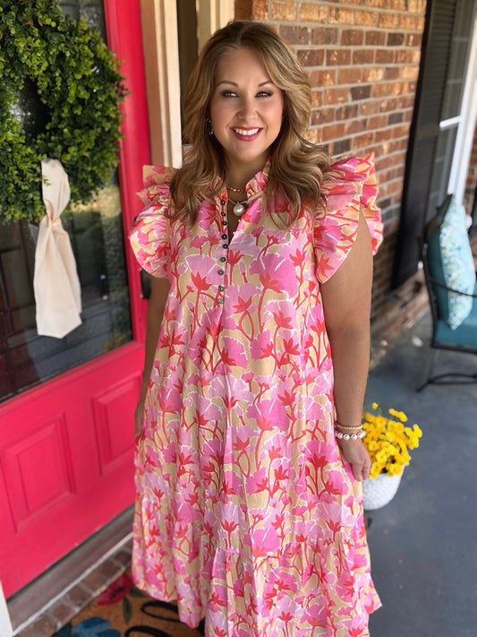 Pink Floral Midi Dress