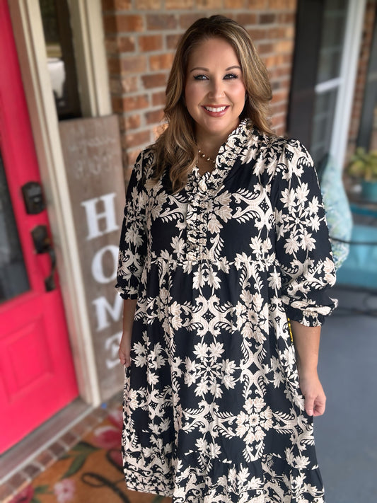 Umgee Black & Cream Border Print Ruffle Maxi Dress