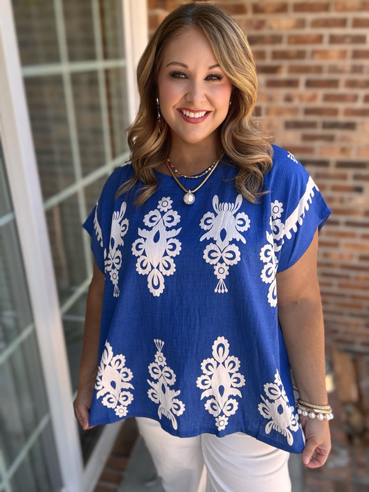 Cobalt Blue Boarder Print Top