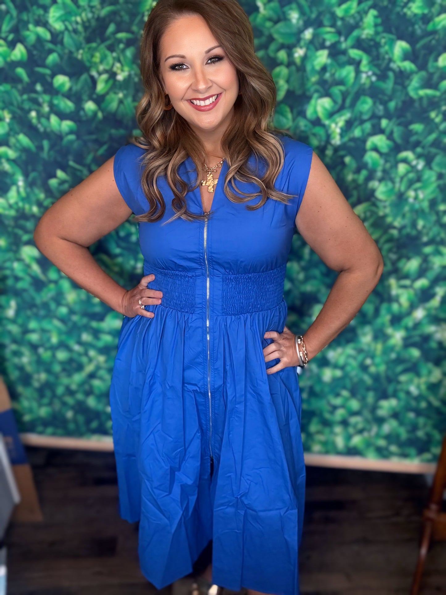Blue Smocked Zip Dress
