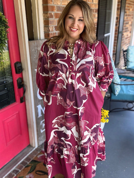 Entro Burgundy Floral Print Puff Sleeve Midi Dress