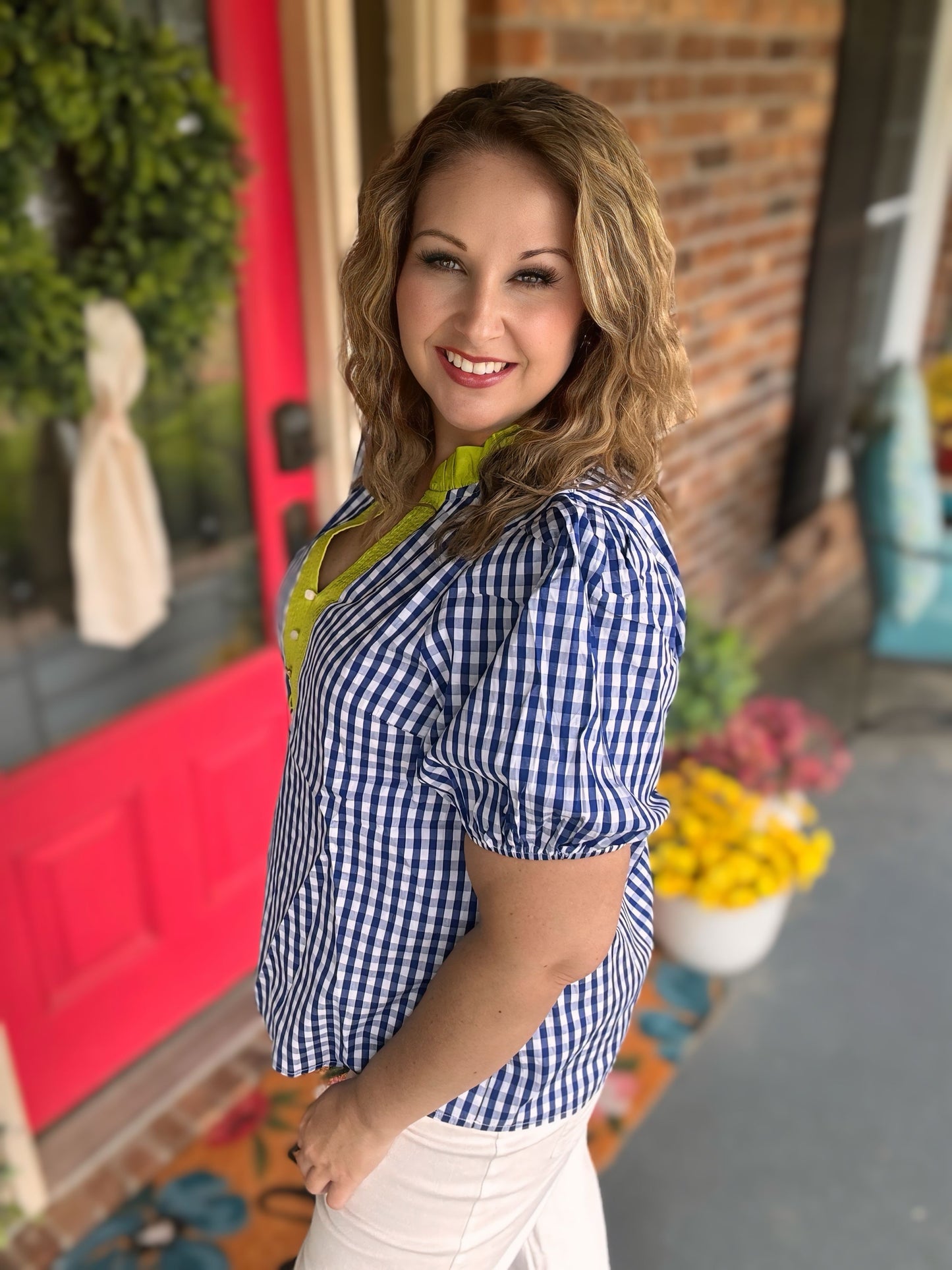 Entro Indigo Gingham Puff Sleeve Top