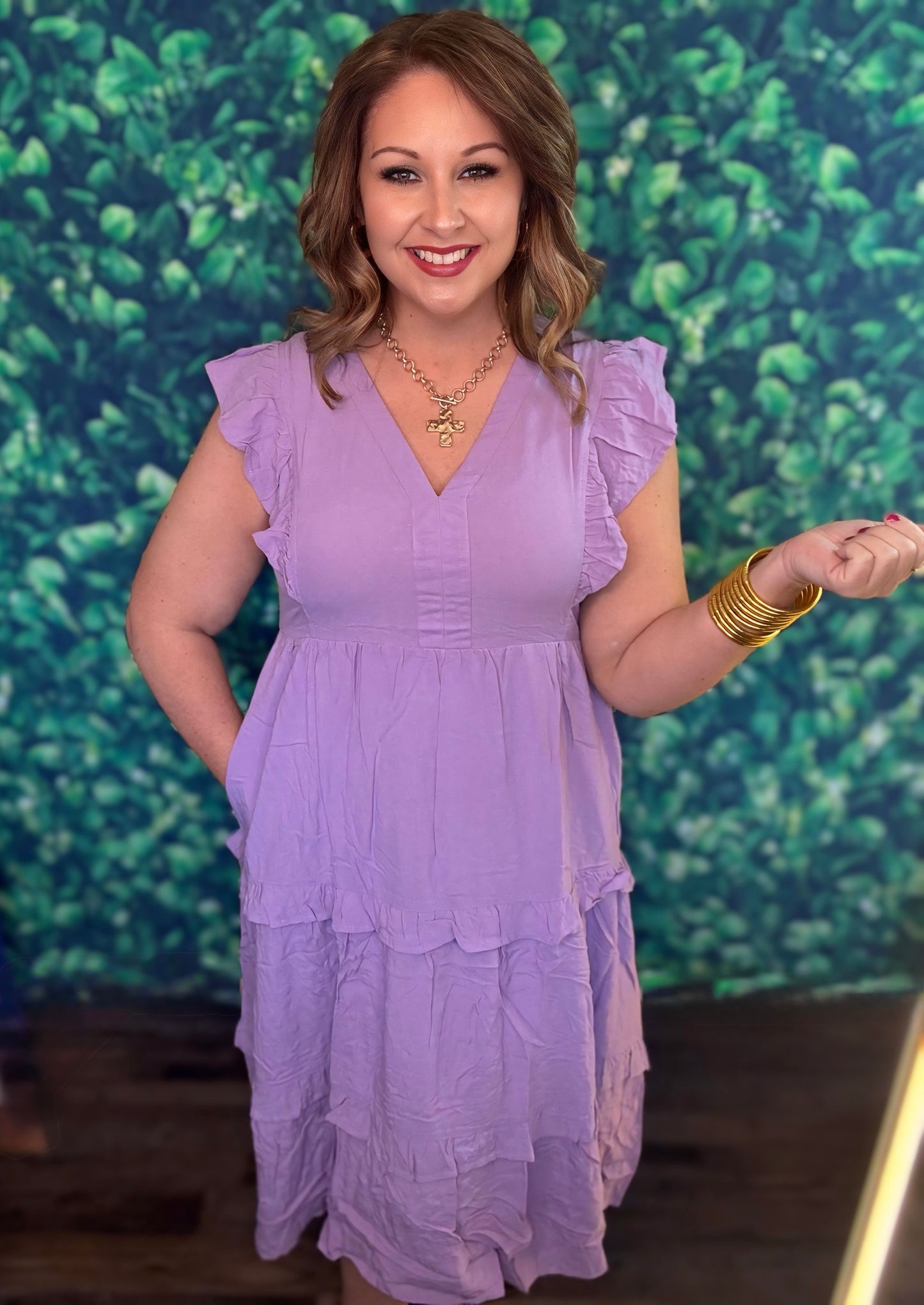 Lavender V-neck midi dress