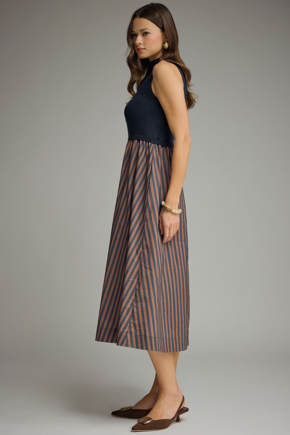 Entro Navy & Brown Striped Mock Neck Midi Dress