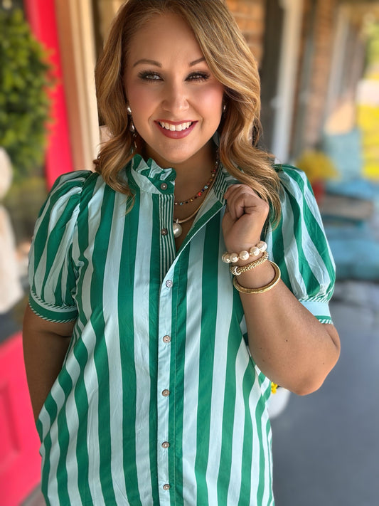 Entro Stripe Print Short Puff Sleeve Midi Dress