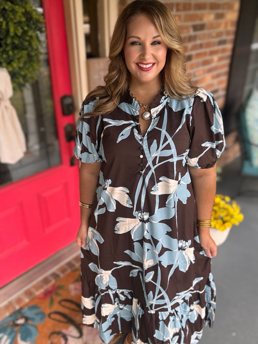 Entro Blue/Brown Floral Puff Sleeve Ruffle Midi Dress
