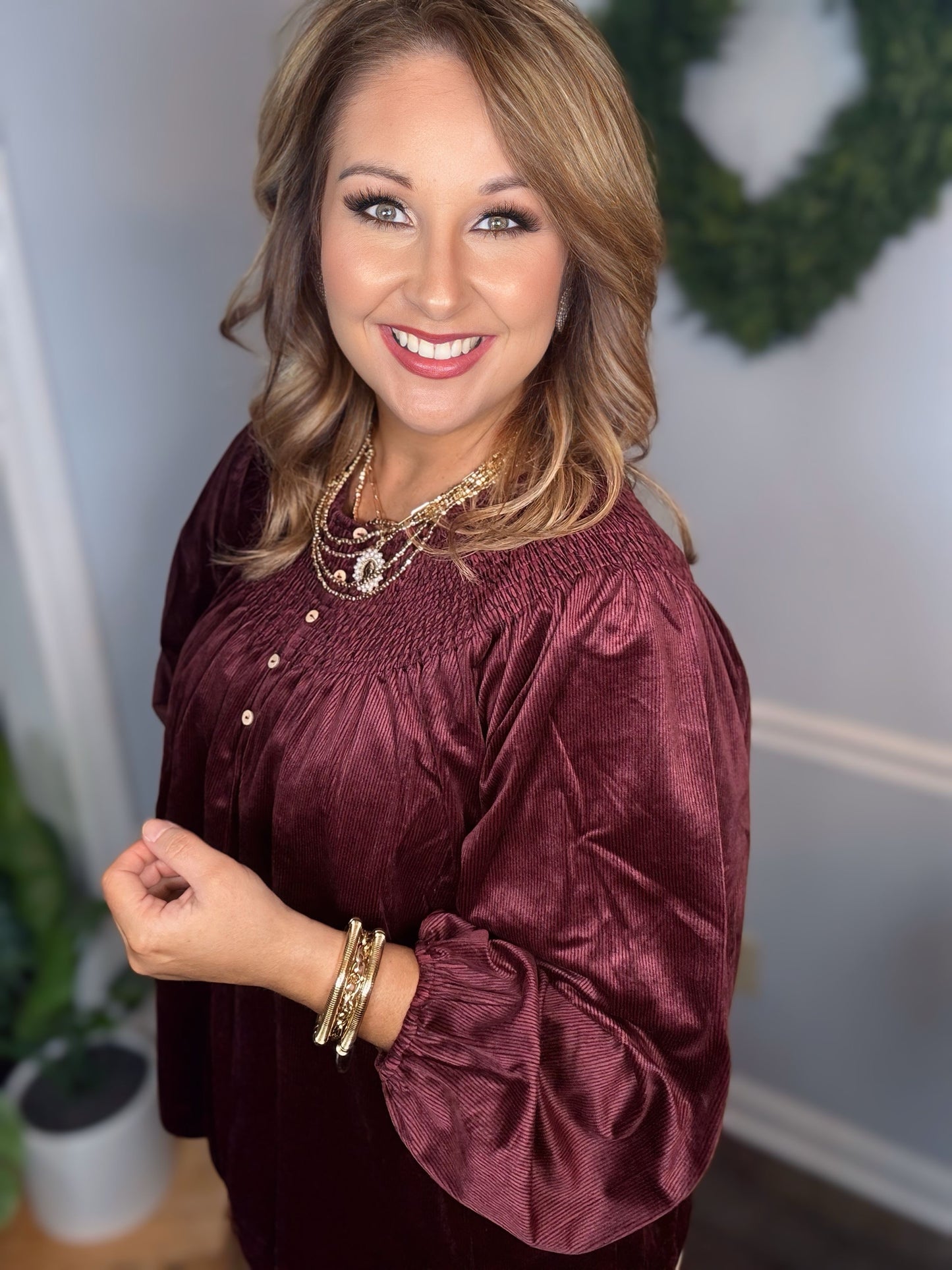 VELVET CORDUROY SMOCKED TOP