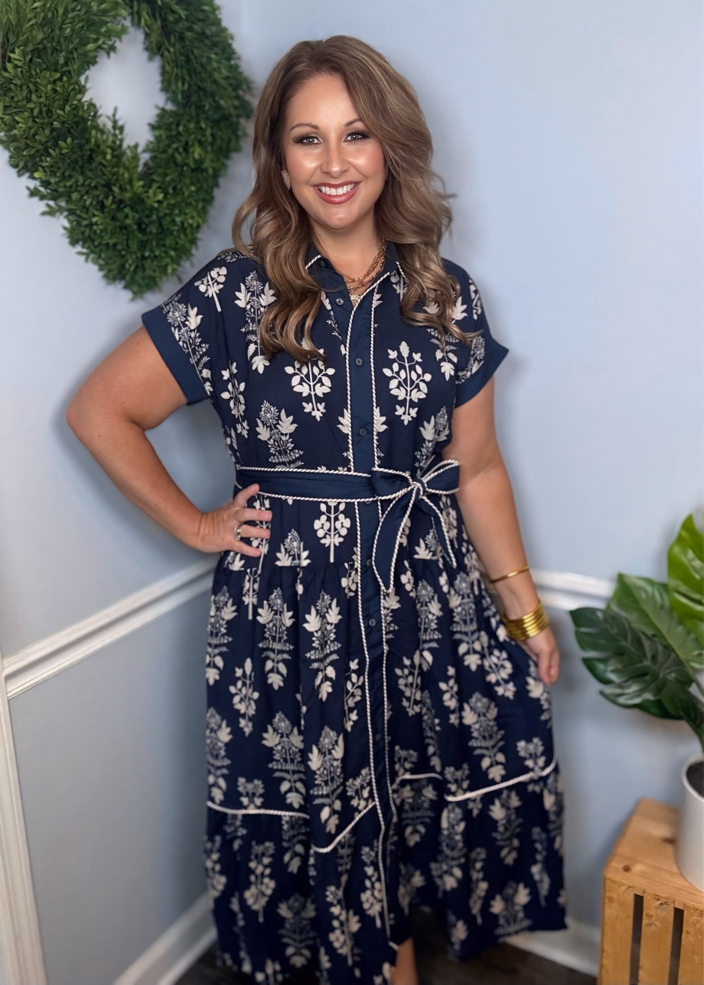 Botanical Dress in Navy