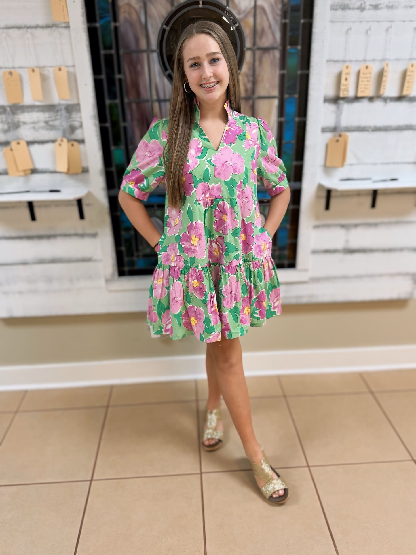 Pink Floral Poplin Collared Dress