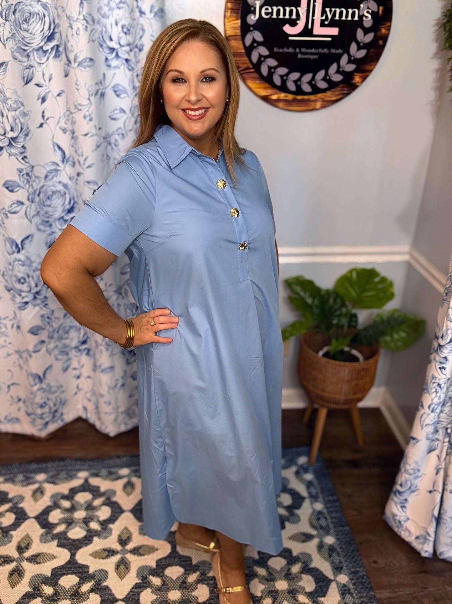 Entro Blue Midi Dress with Button Detail