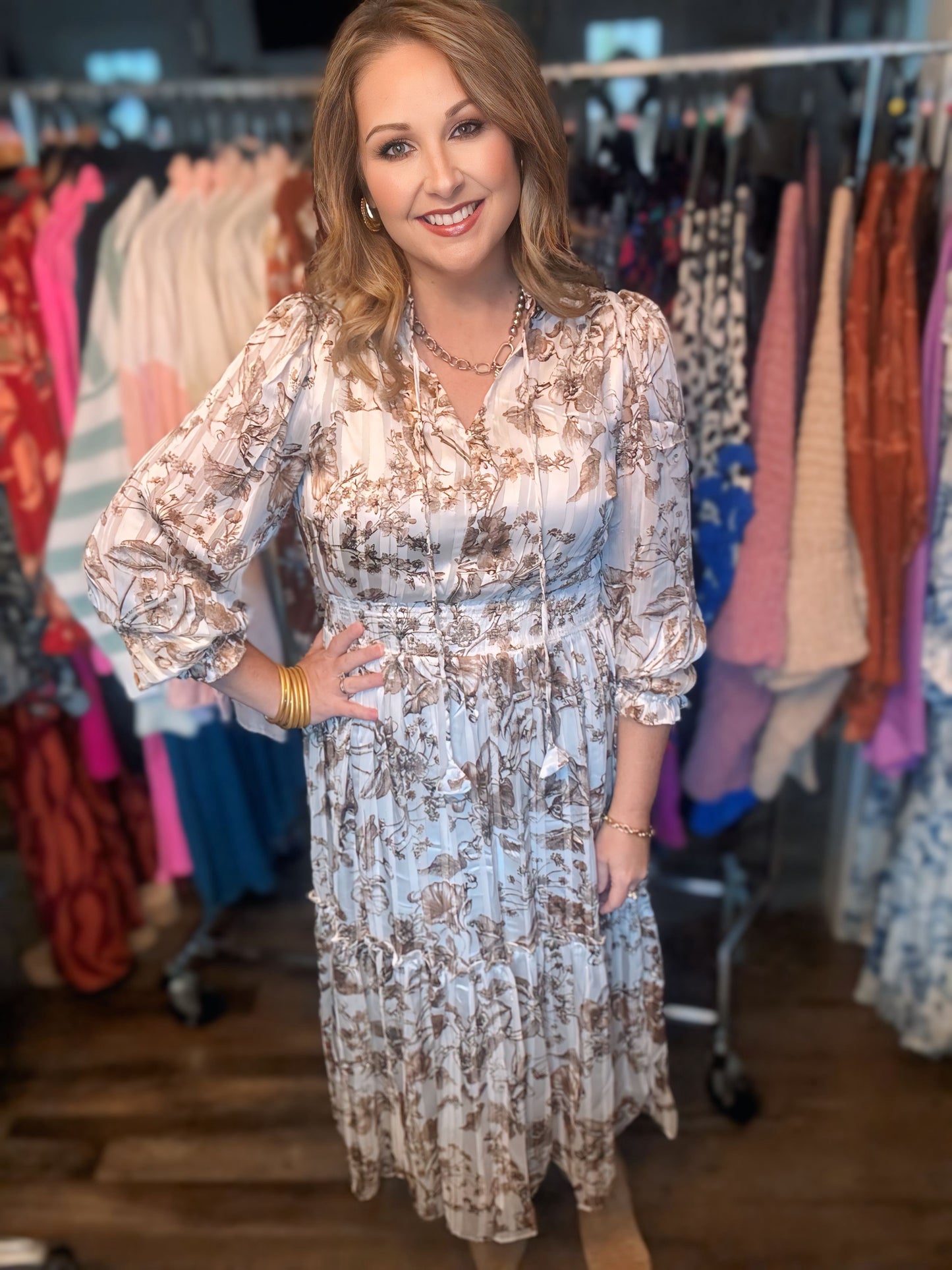 FLORAL PRINT MIDI DRESS - BROWN