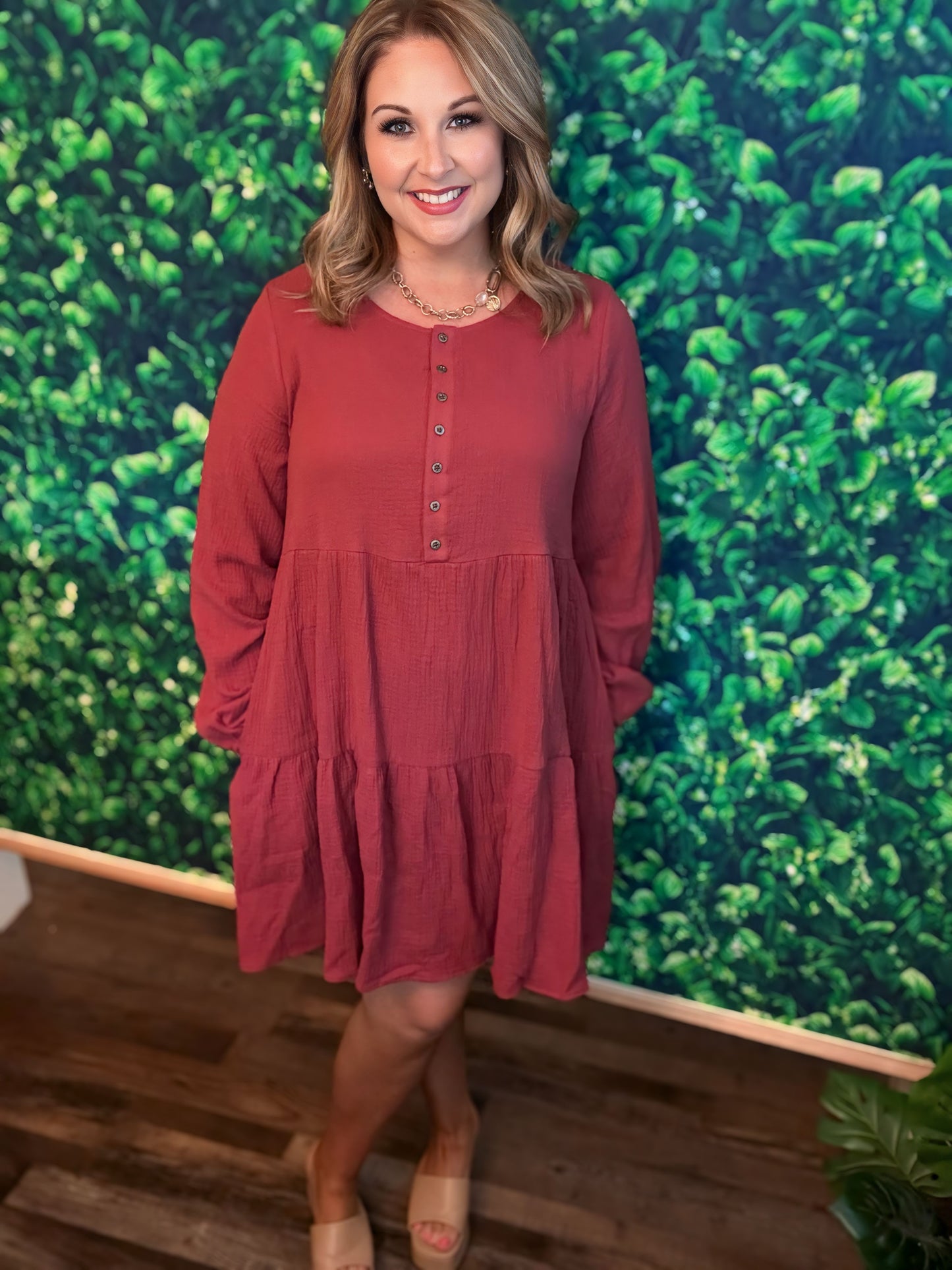 Rust Gauze Button Front Tiered Dress