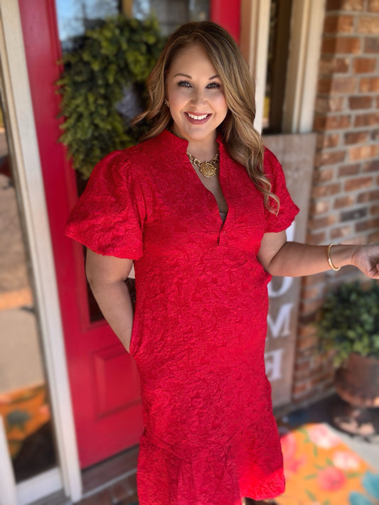Red Textured Puff Sleeve Maxi Dress | Jodifl