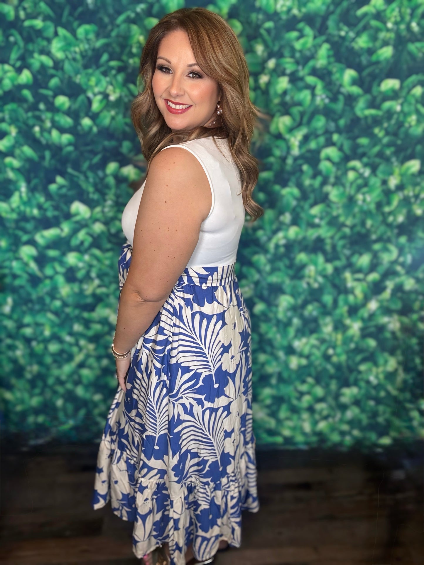 Blue Floral Tiered Midi Dress