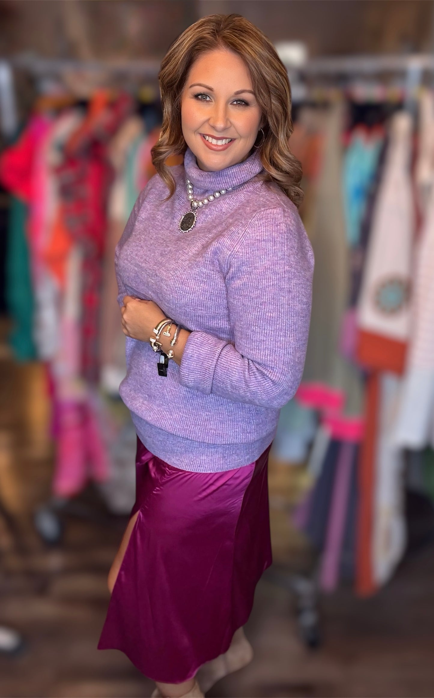 Plum Satin Midi Skirt