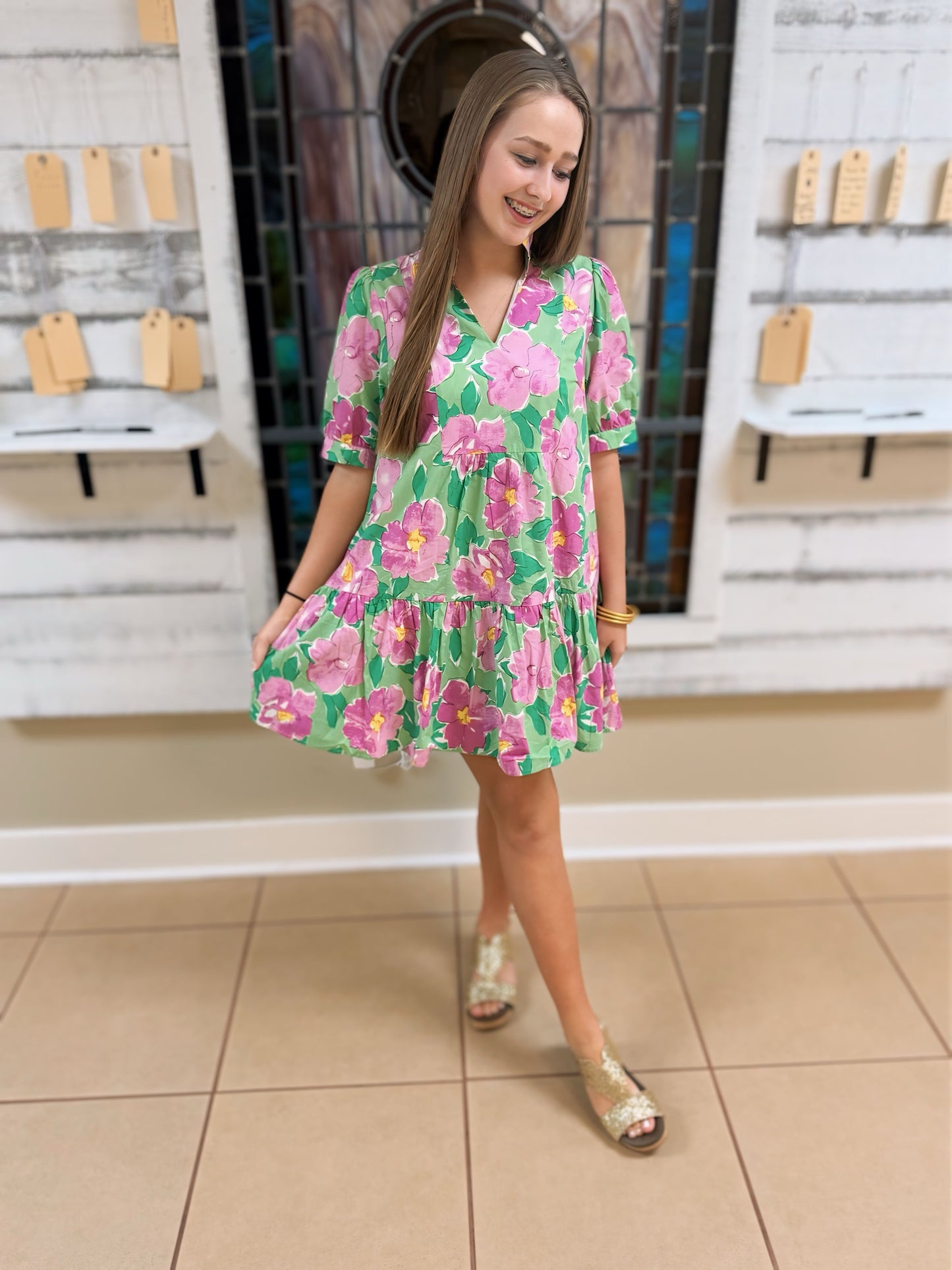 Pink Floral Poplin Collared Dress