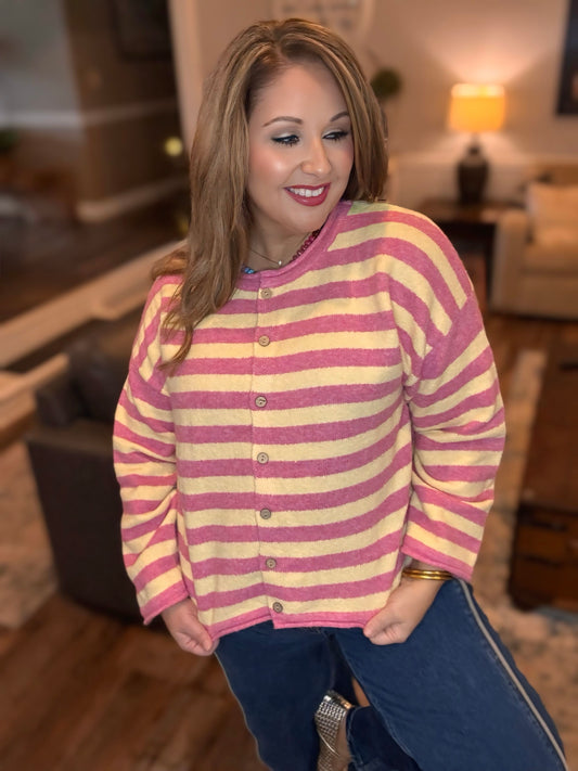 Pink & Butter Striped Oversized Cardigan