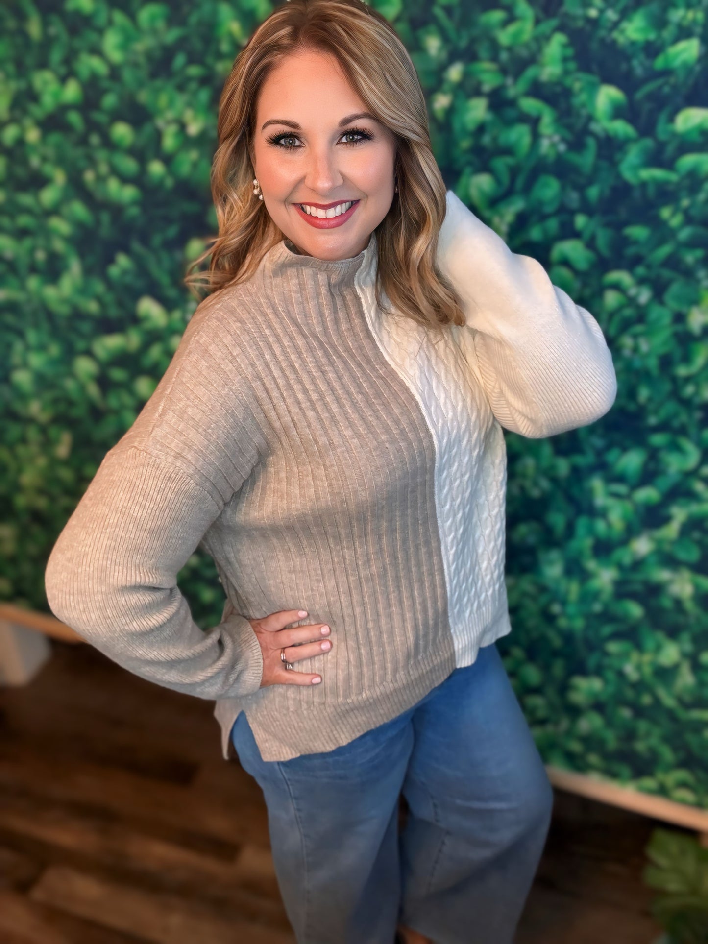 Mocha Ivory Color Block Mock Neck Sweater