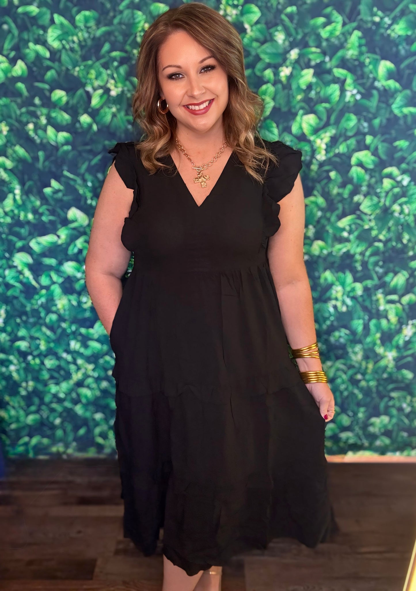 Black V-neck midi dress