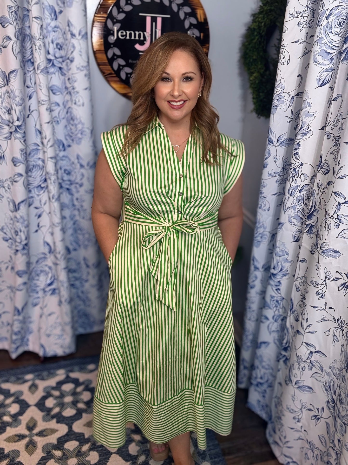 Green Striped Entro Midi Dress with Bow Detail