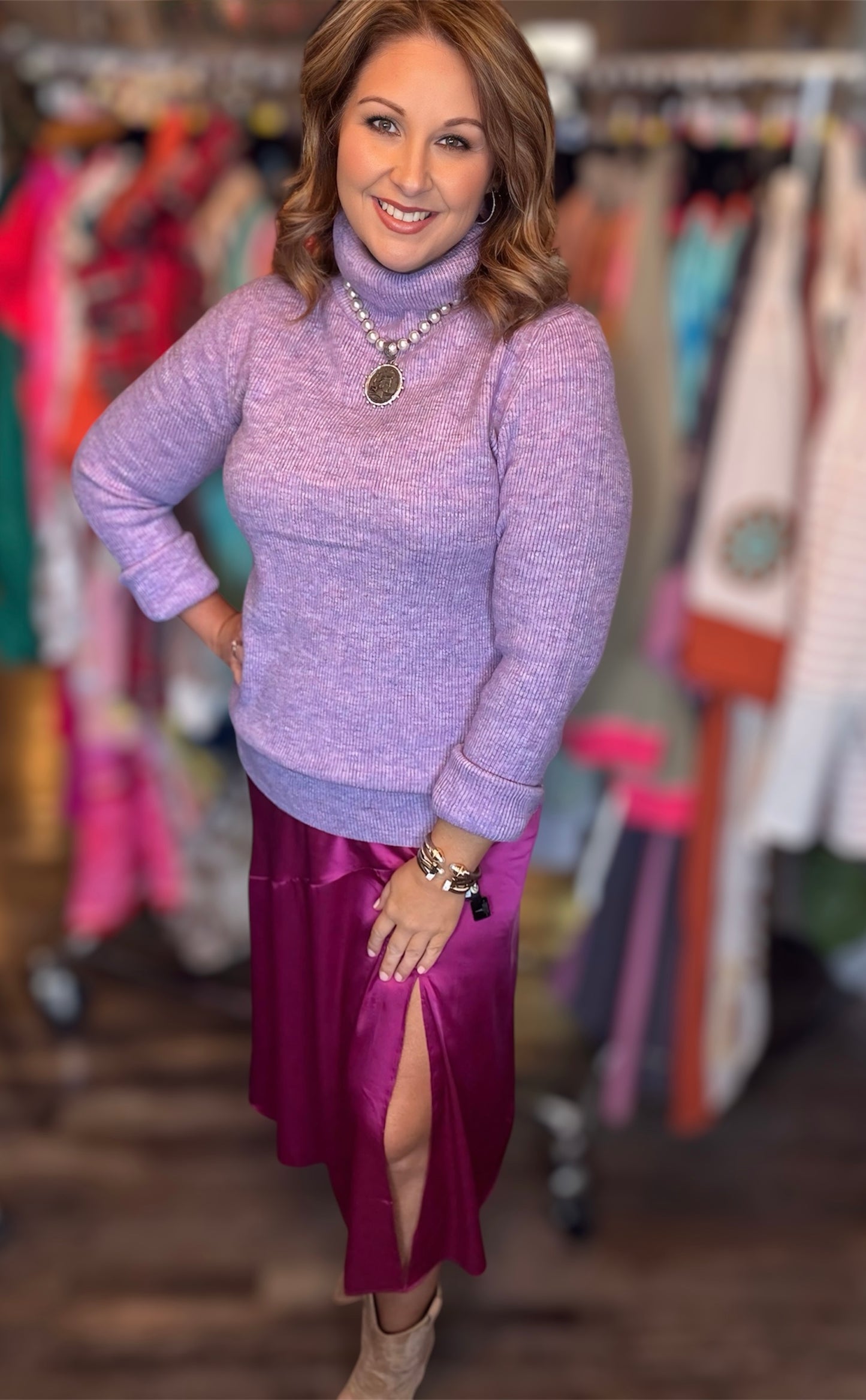 Plum Satin Midi Skirt