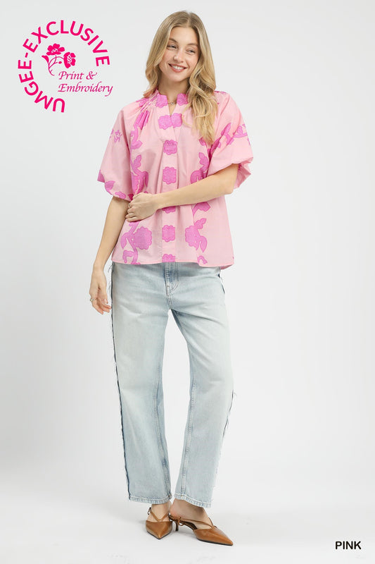 Pink Print Smocked Collared Top