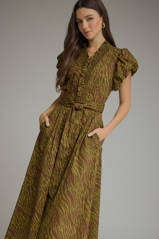 Entro Olive Tiger Print Midi Dress