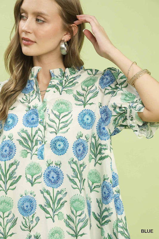 Blue Floral Puff Sleeve Babydoll Dress