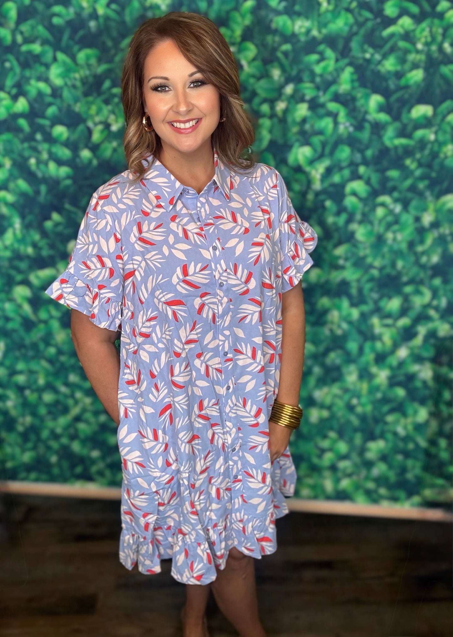 PRINTED RAYON LINEN BUTTON DRESS