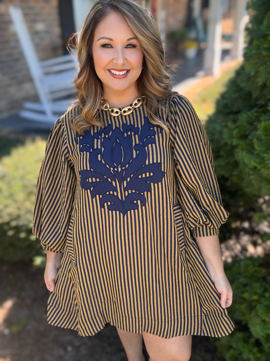 Umgee Navy Striped Floral Embroidery Shift Dress