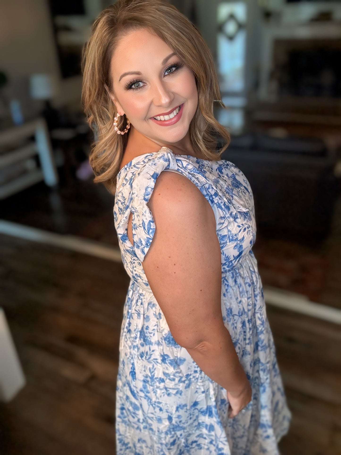 Blue and white one shoulder eyelet dress