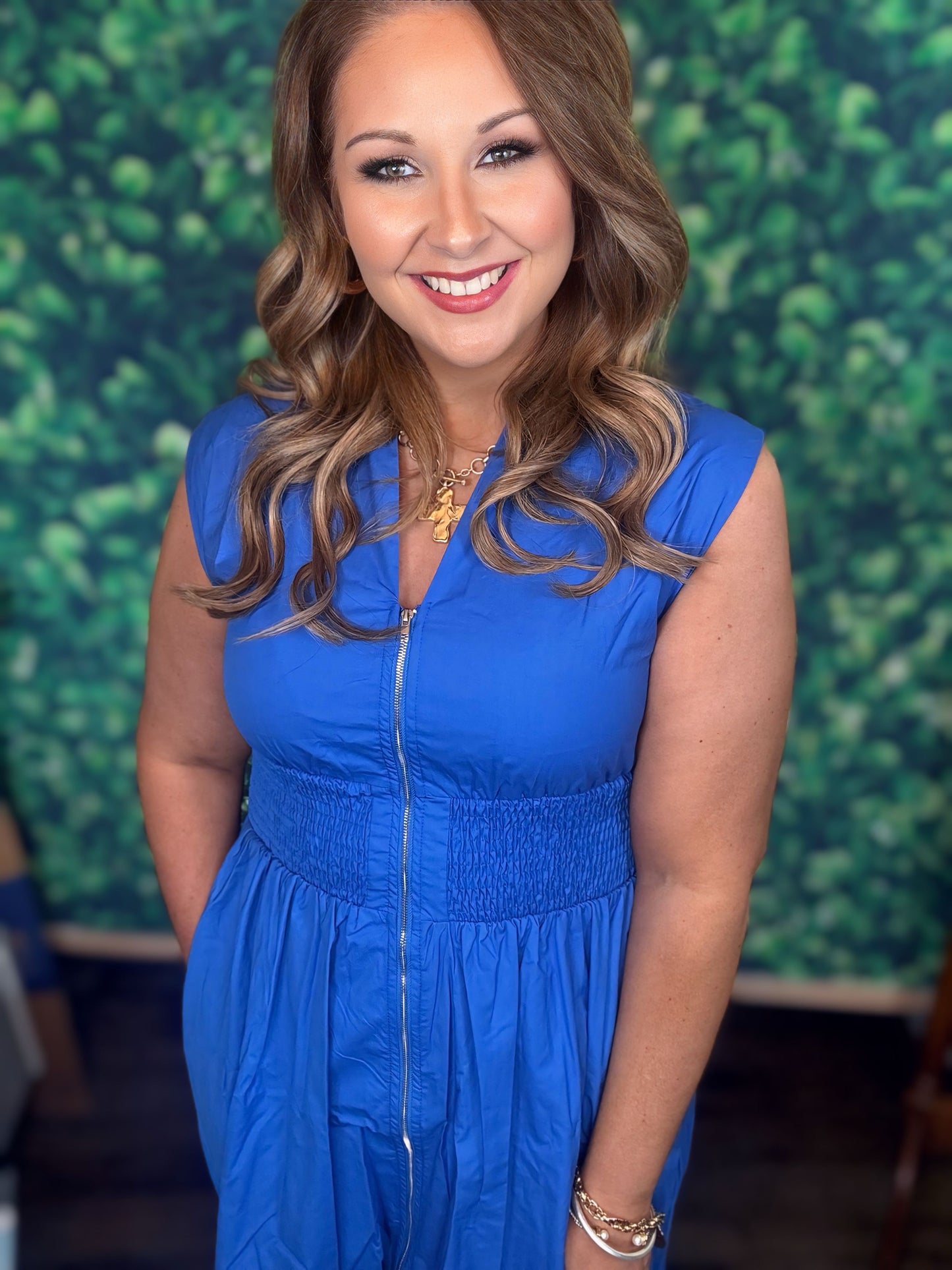 Blue Smocked Zip Dress