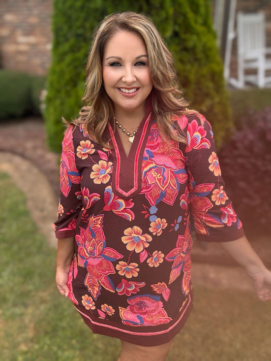 Jewel-Tone Floral Contrast Trim Dress