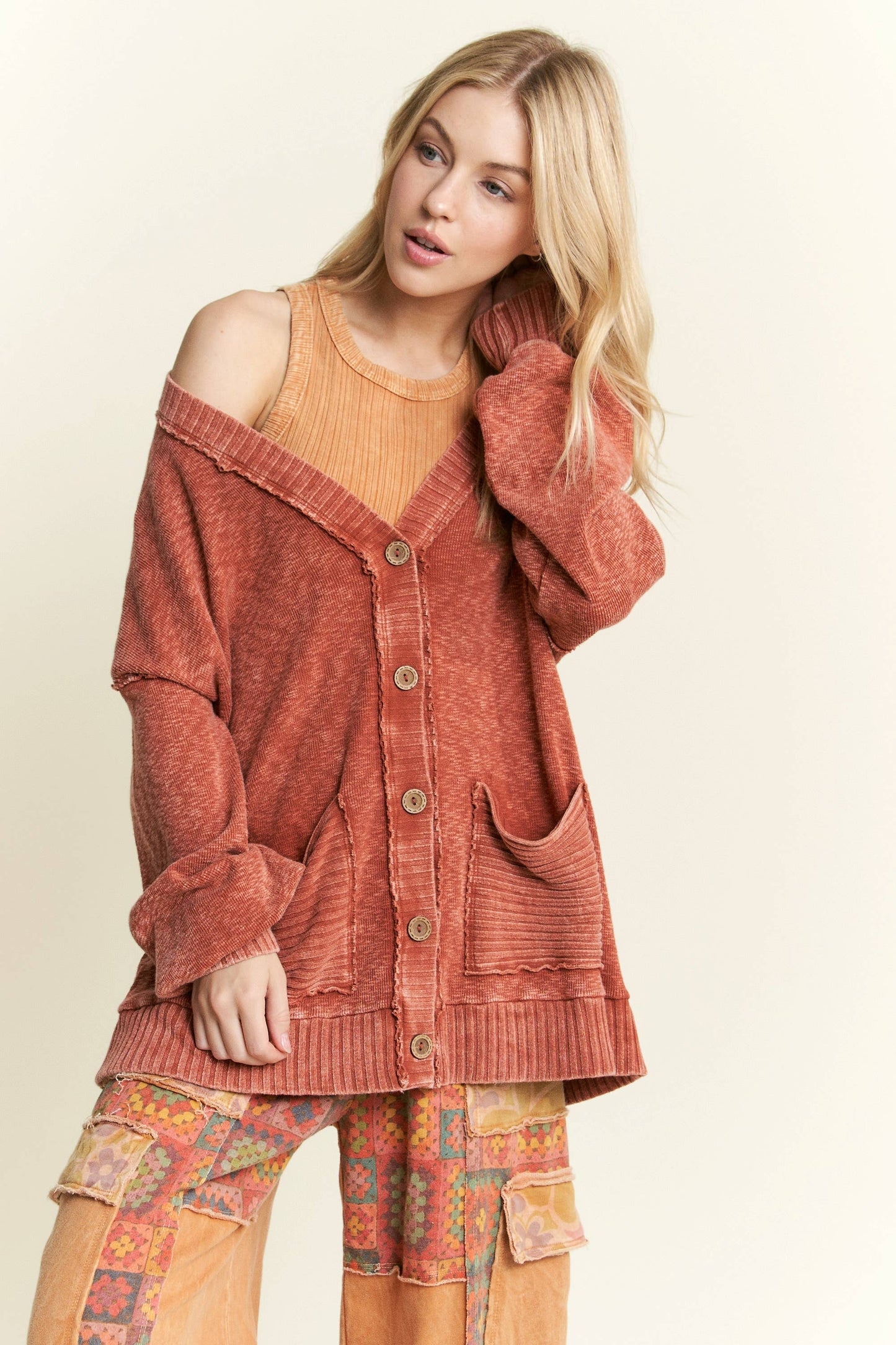 MineralWash Melangie sweater pocket cardigan Burnt Orange