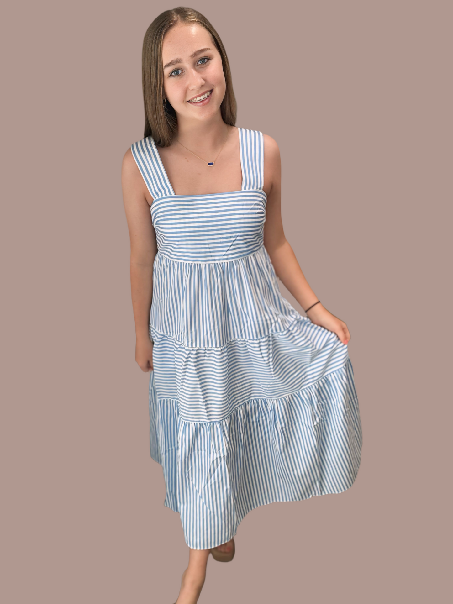 Blue striped multi tier midi dress