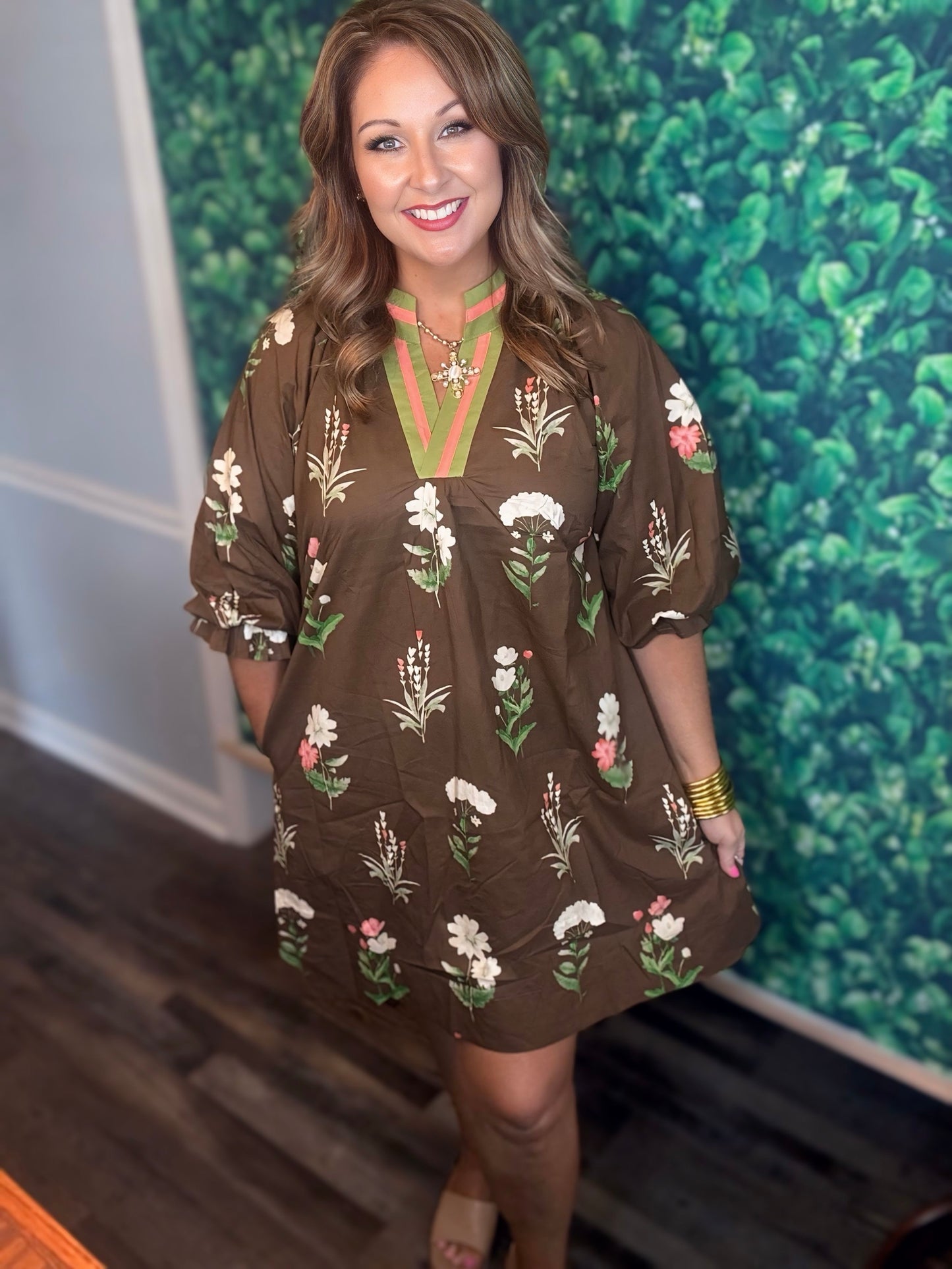 Floral Tunic Dress with Contrast Trim- Brown