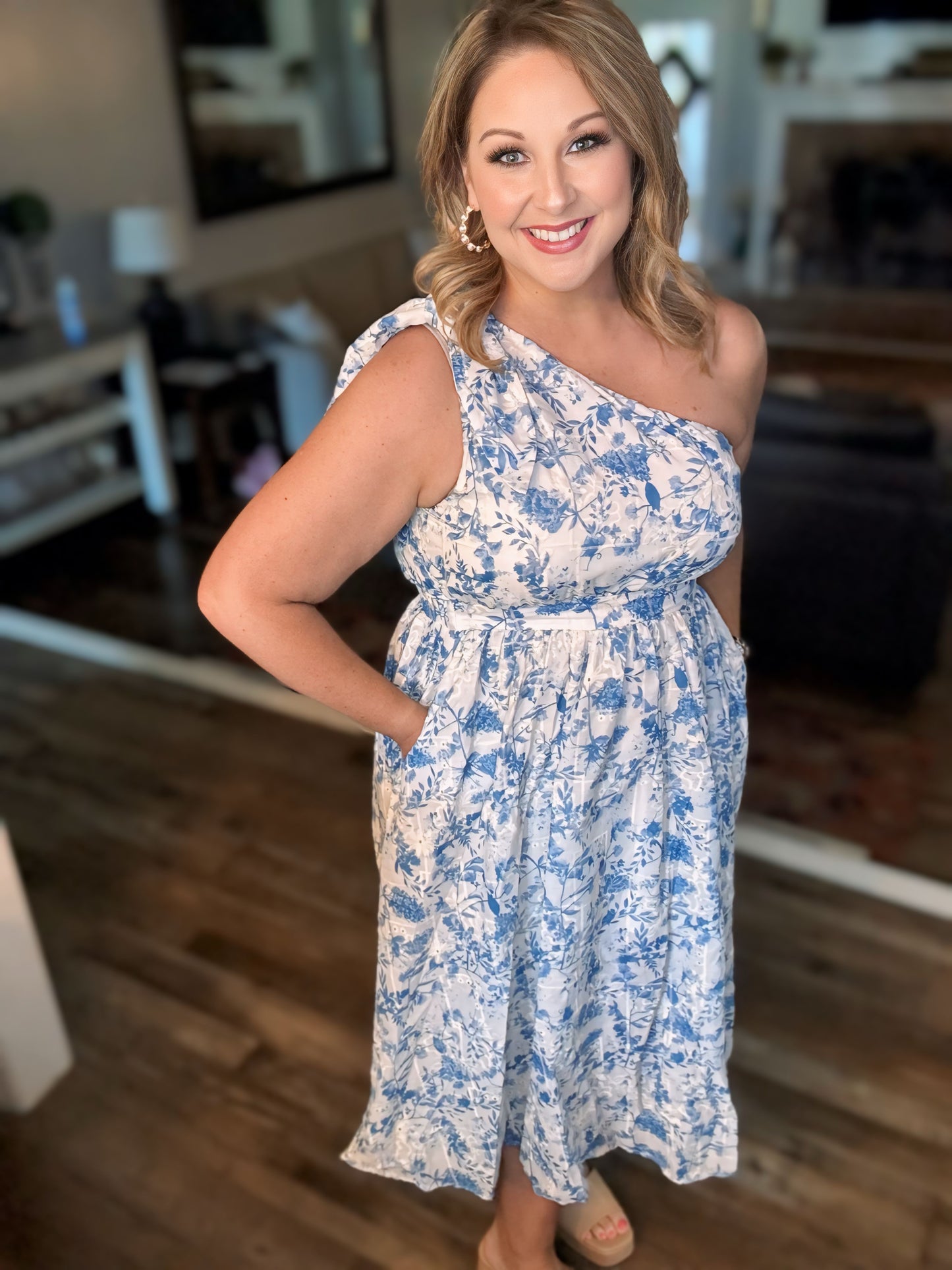 Blue and white one shoulder eyelet dress