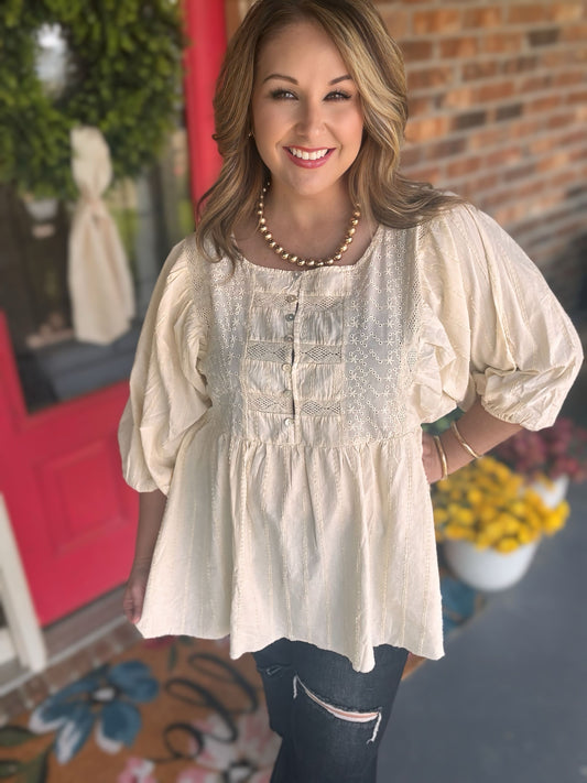 Ivory EYELET LACE GUAZE BABYDOLL TUNIC Top
