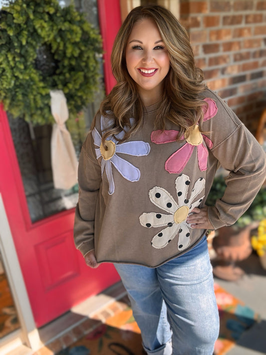 Easel Floral Patchwork Mineral Washed Top – Mocha