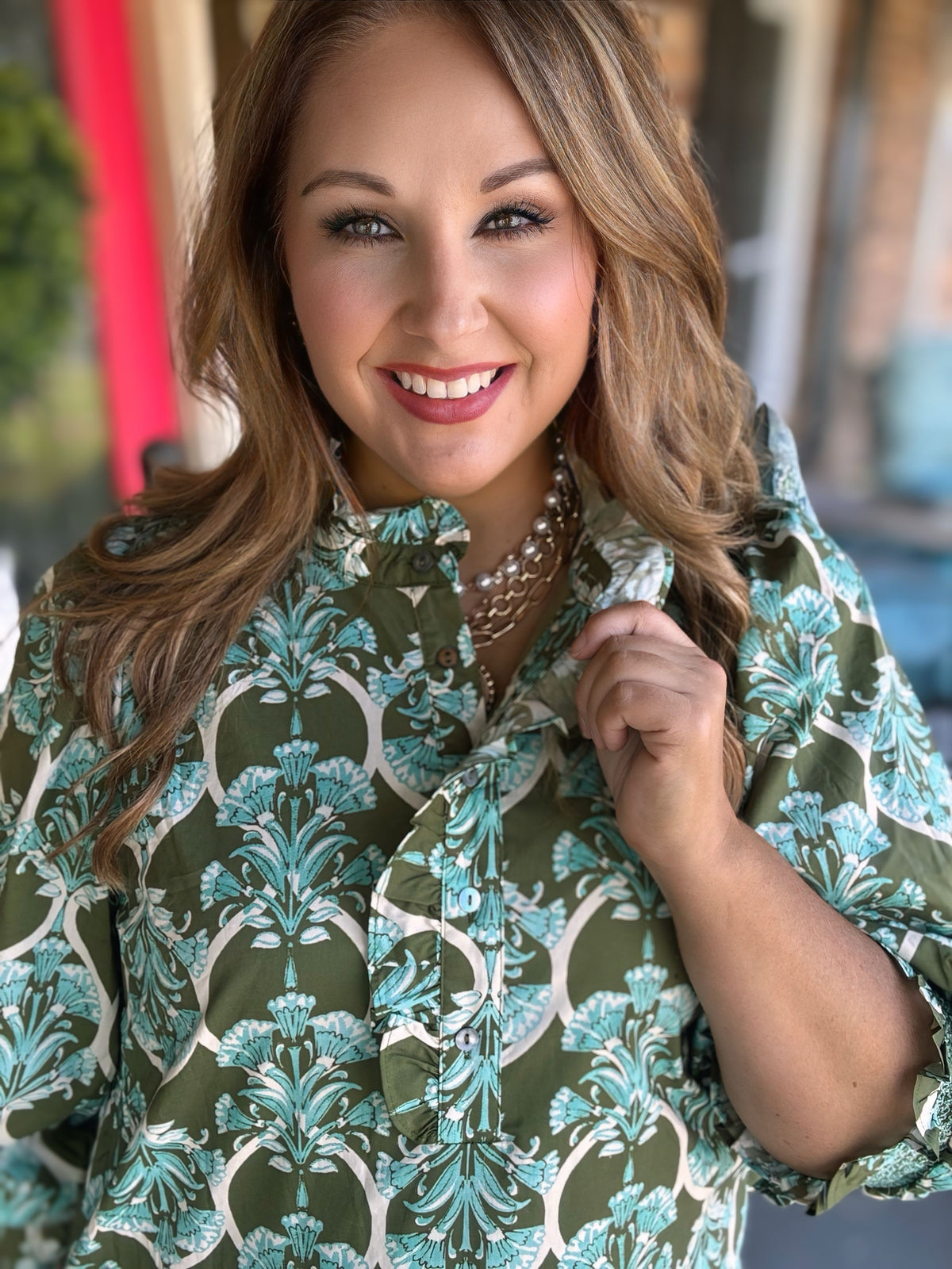 Entro Olive & Aqua Printed Balloon Sleeve Midi Dress