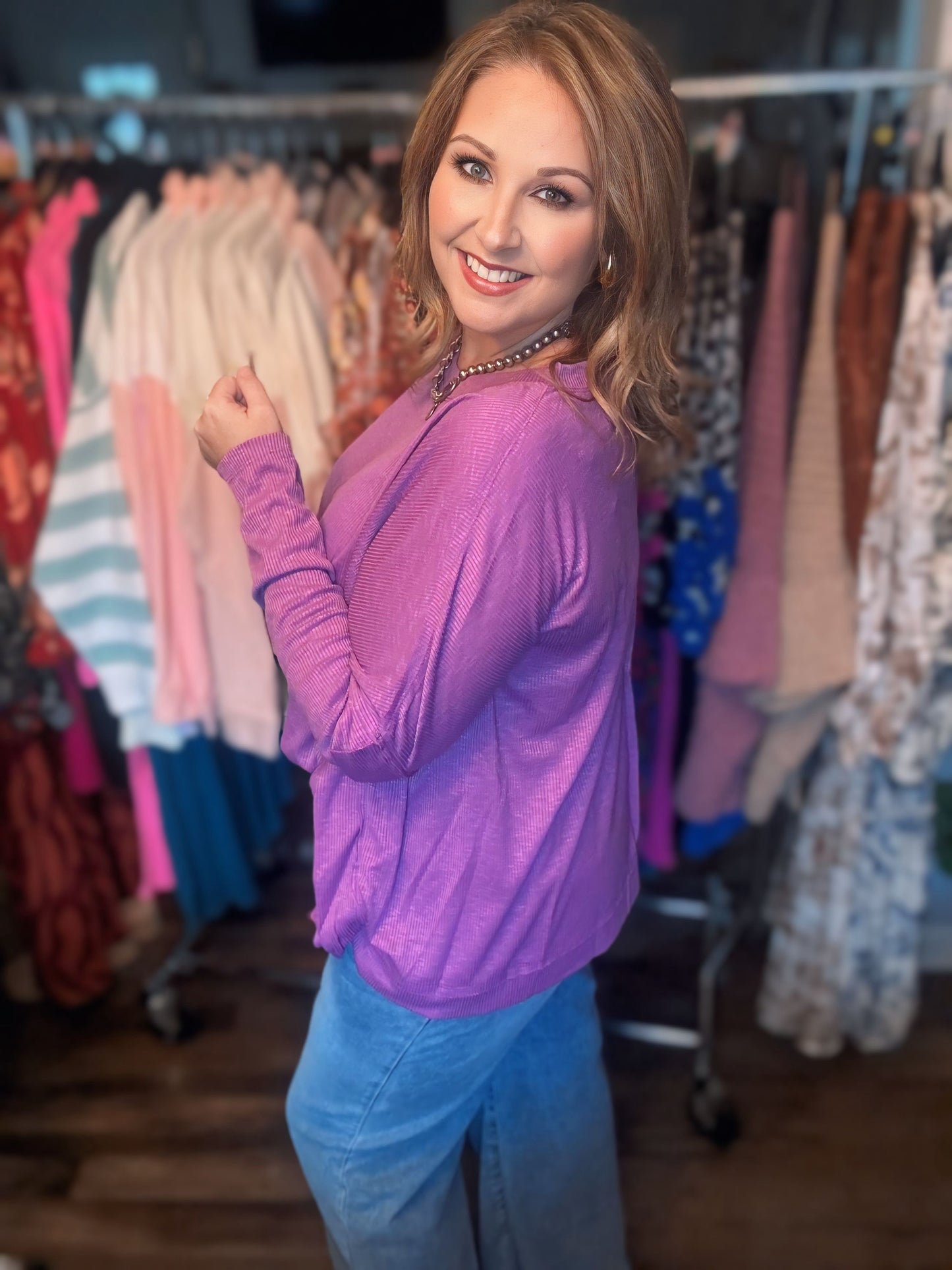RIB KNIT OVERSIZED TOP- ORCHID
